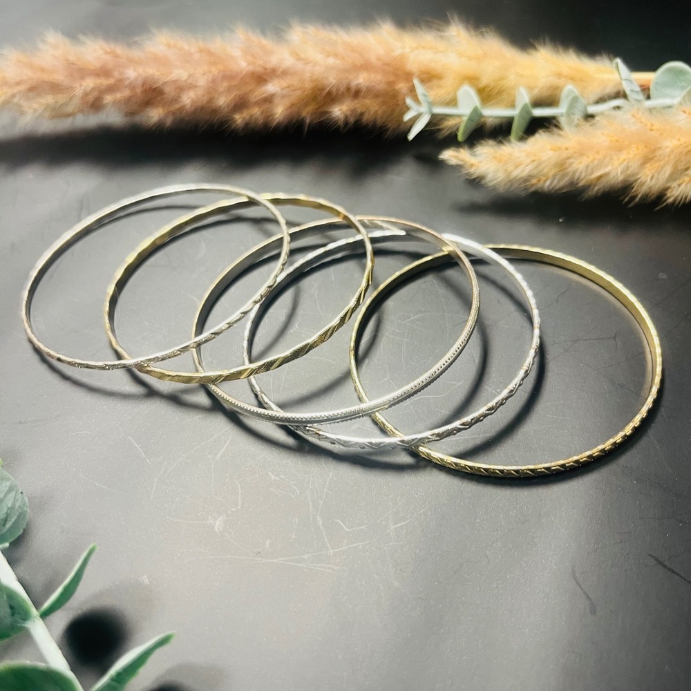 Vintage Thin Bangle‎ Bracelet Set | Silver & Gold Toned Textured Boho Stack